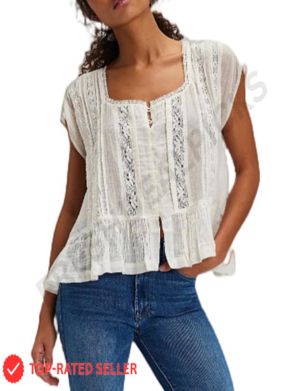 Lace Eyelet Boho Tie Front Blouse Ruffle Peplum Babydoll Top